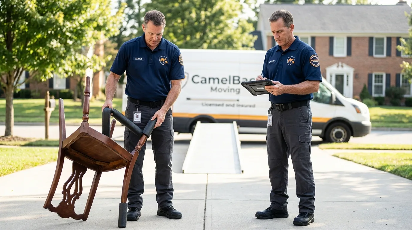 Movers inspecting furniture for damage prevention before loading in Merritt Island, FL