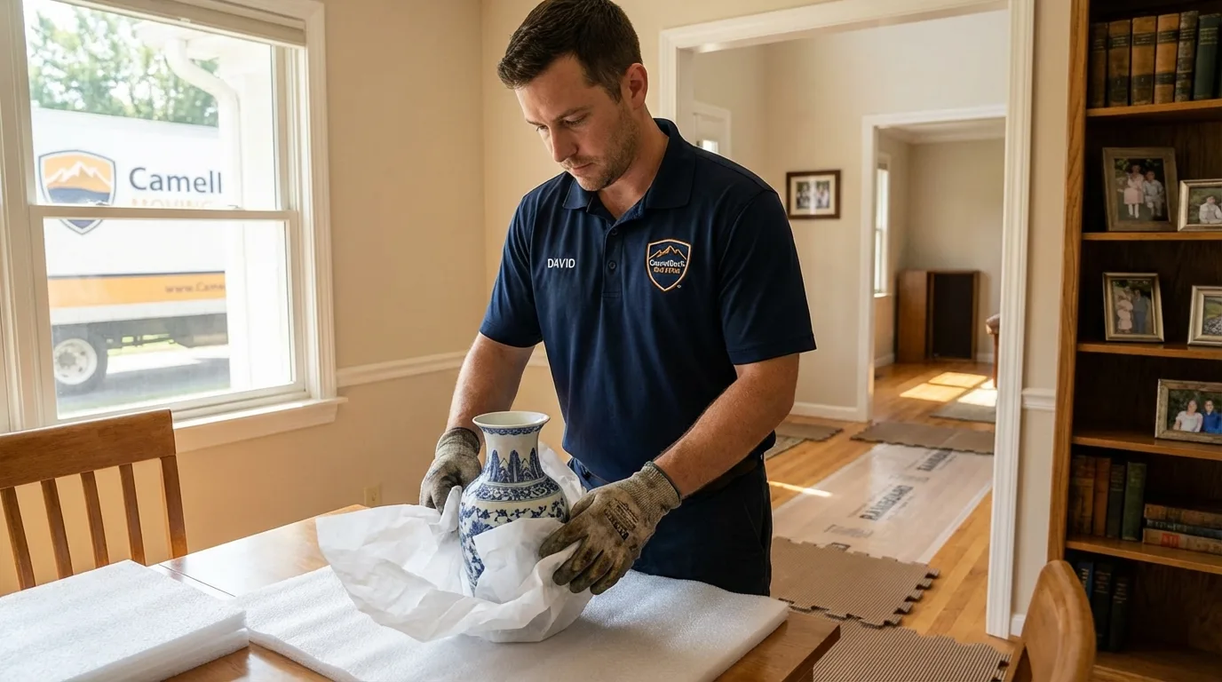 Professional crew carefully wrapping antique vase for senior downsizing move in Merritt Island, FL